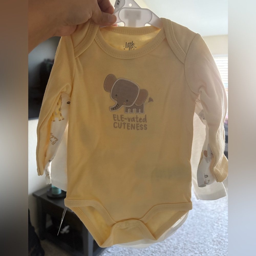 Little Me Cream Elephant Bodysuits & caps / Mittens and socks